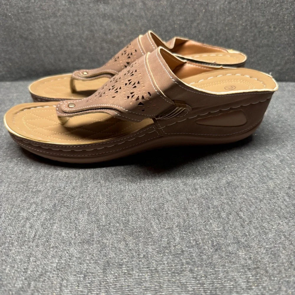 Boho Wedge‎ Thong Sandals Laser Cut Tan Unbranded 42